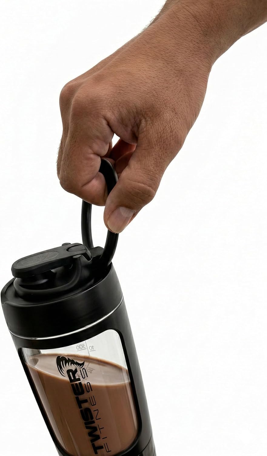 Twister Fitness PULSE black held by carry ring with smooth chocolate shake