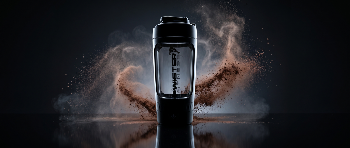 Twister Fitness PULSE black electric shaker bottle in dark studio with swirling protein vortex