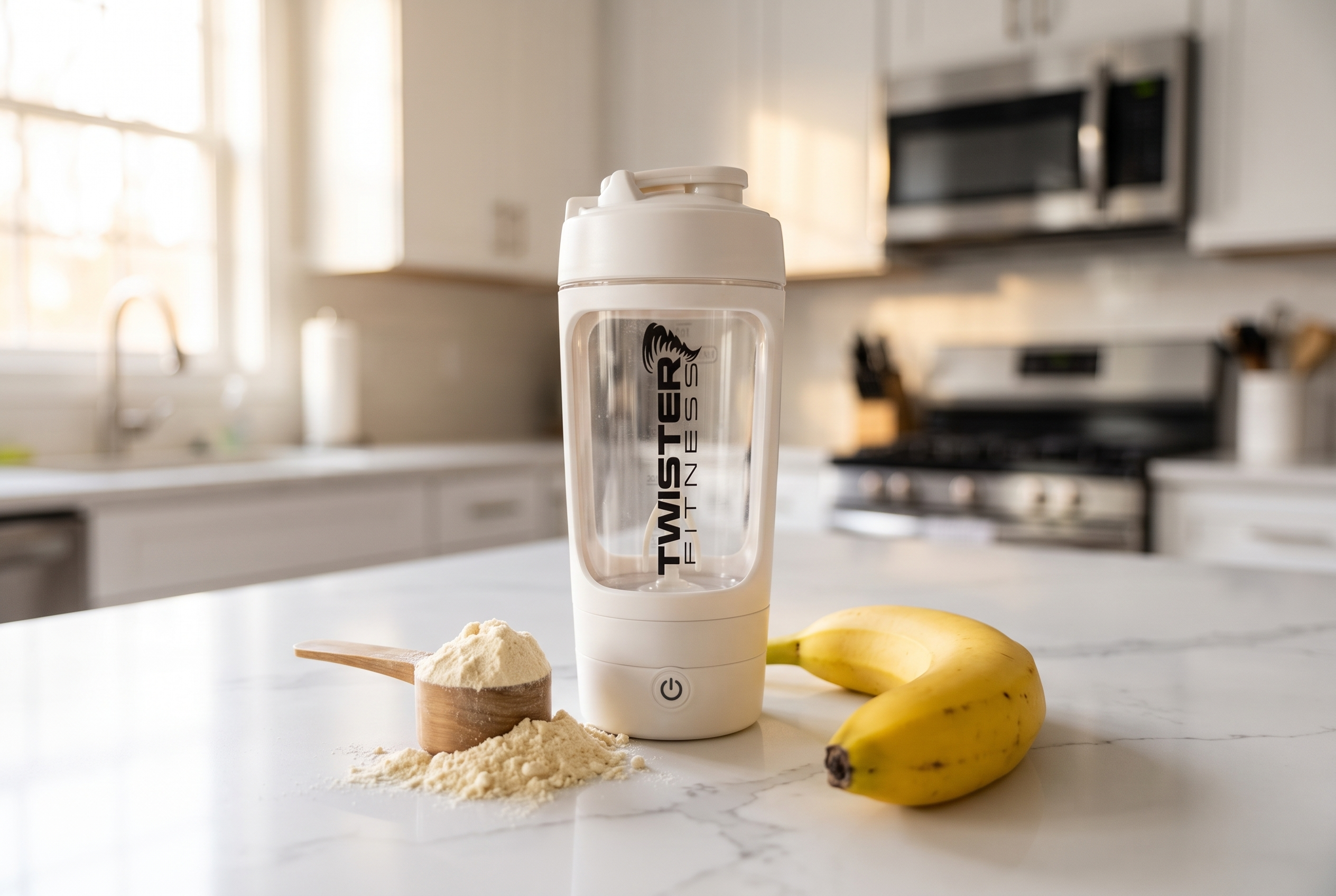 Twister Fitness PULSE white shaker bottle on kitchen counter with protein powder